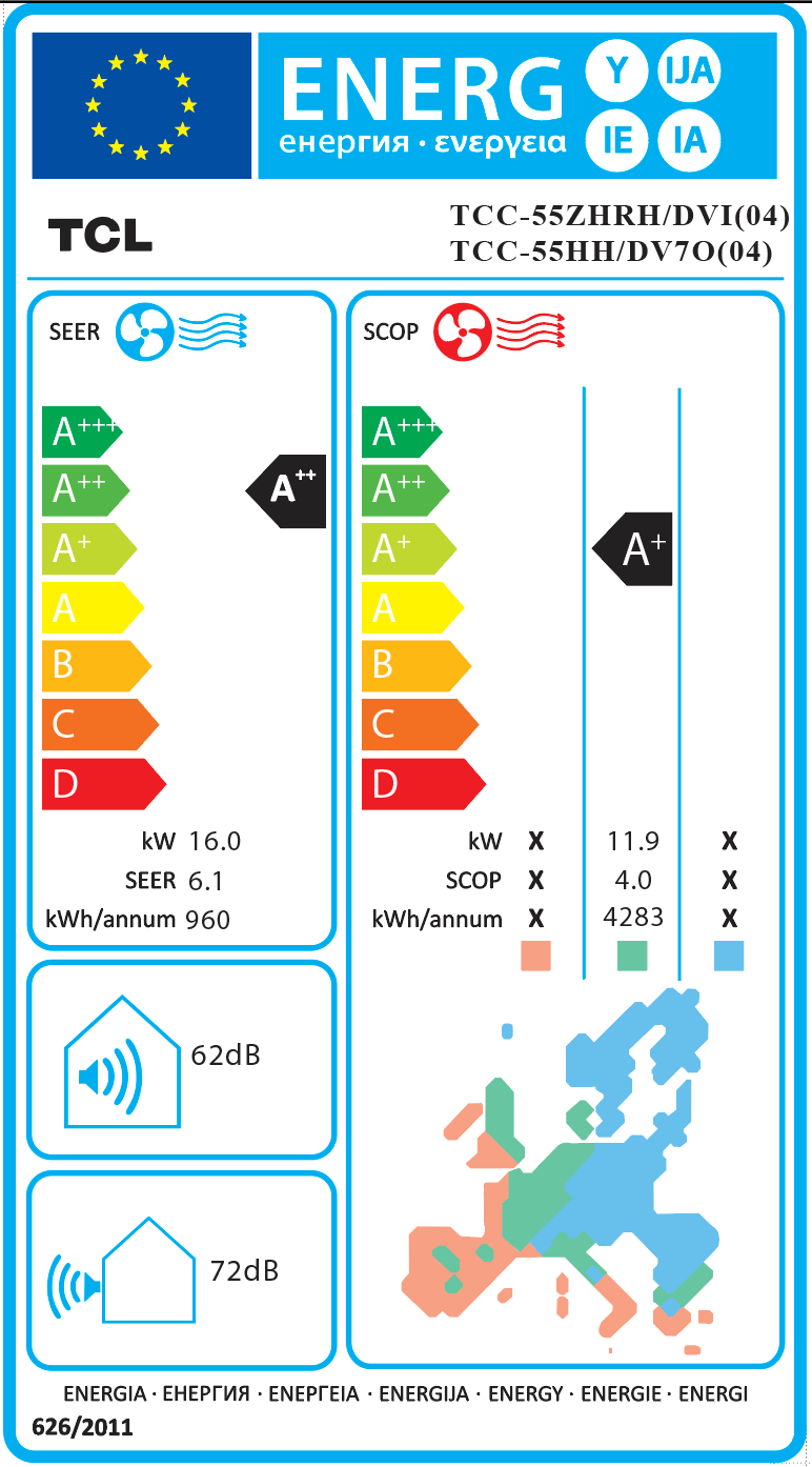 TCL lattia / kattopintamalli ilmalämpöpumppu halliin, varastoon ja suureen tilaan – energiamerkki