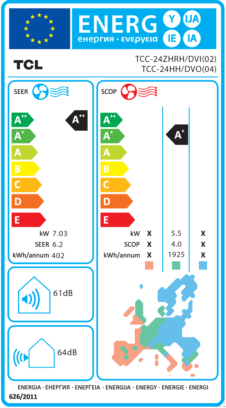 TCL lattia / kattopintamalli ilmalämpöpumppu suureen liiketilaan – energiamerkki