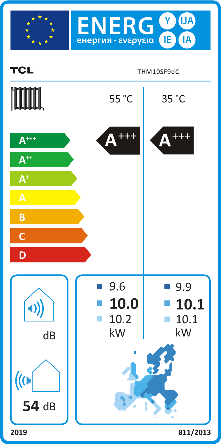 Ilmavesilämpöpumppu TCL R290 Tri-thermal Ultra AI 10 kW + 9 kW – energiamerkki