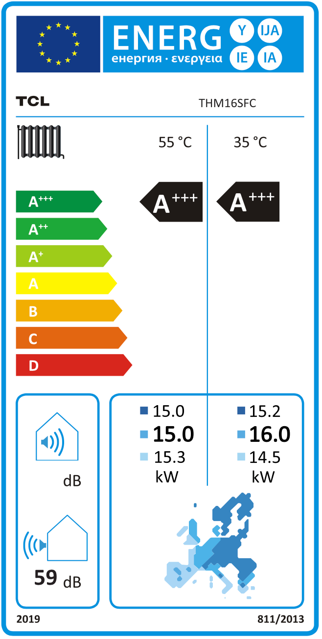 Ilmavesilämpöpumppu TCL R290 Tri-thermal Ultra AI 16 kW – energiamerkki