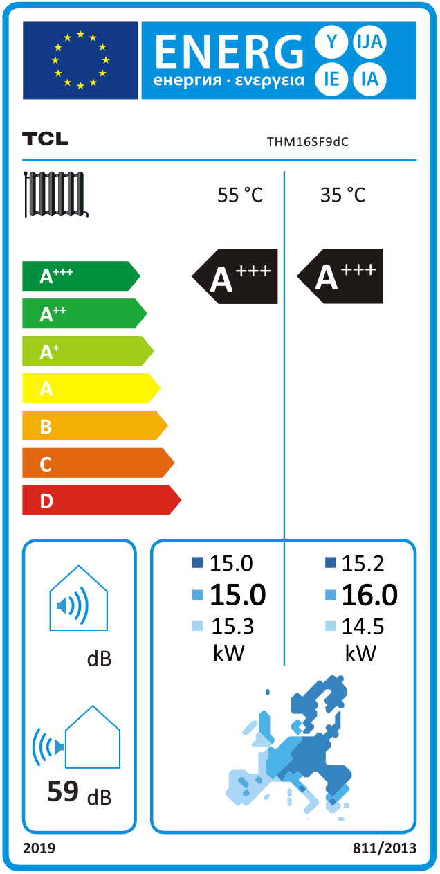 Ilmavesilämpöpumppu TCL R290 Tri-thermal Ultra AI 16 kW + 9 kW – energiamerkki