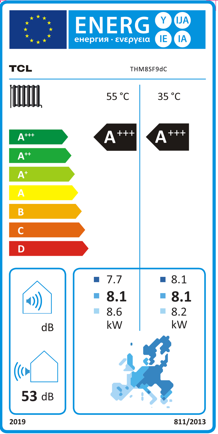 Ilmavesilämpöpumppu TCL R290 Tri-thermal Ultra AI 8 kW + 9 kW – energiamerkki